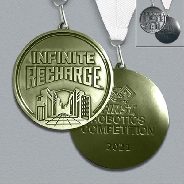 2021 INFINITE RECHARGE Medallions with White Ribbon - Gold or Silver (Sold In Packs of 5)