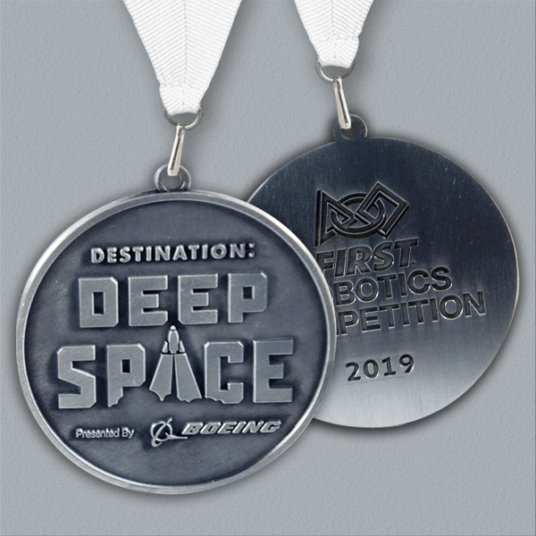 2019 FIRST DEEP SPACE Silver Medallions With White Ribbons (Sold In Packs Of 5) *WHILE SUPPLIES LAST*